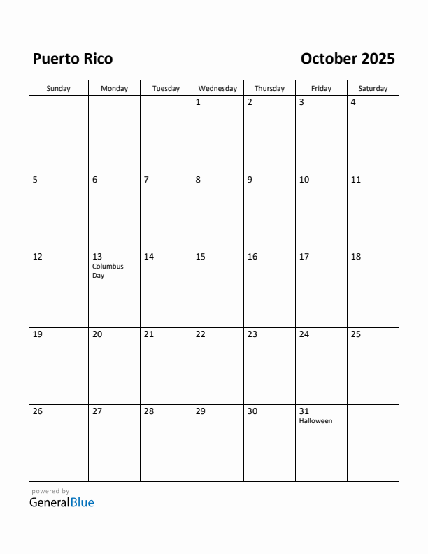 October 2025 Calendar with Puerto Rico Holidays