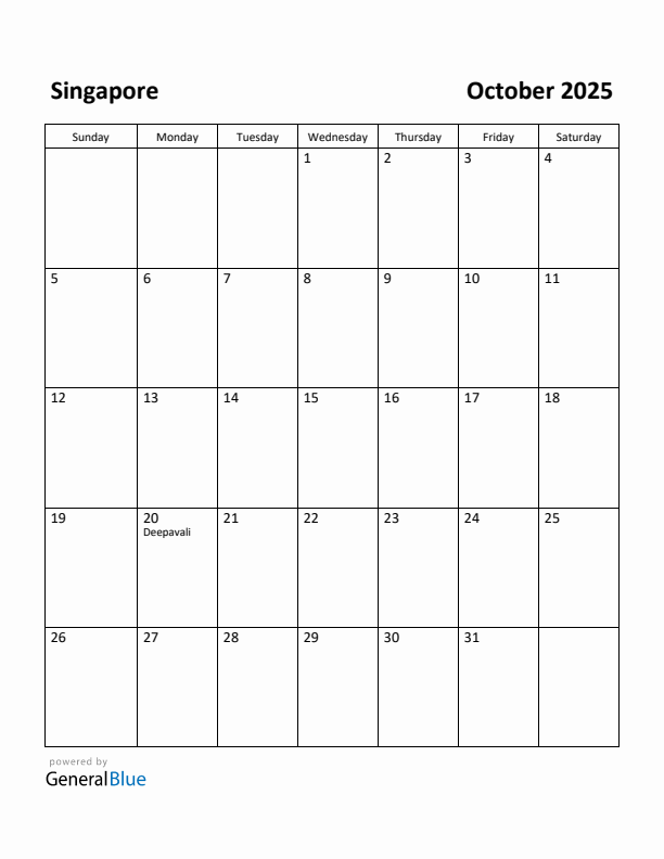 October 2025 Calendar with Singapore Holidays