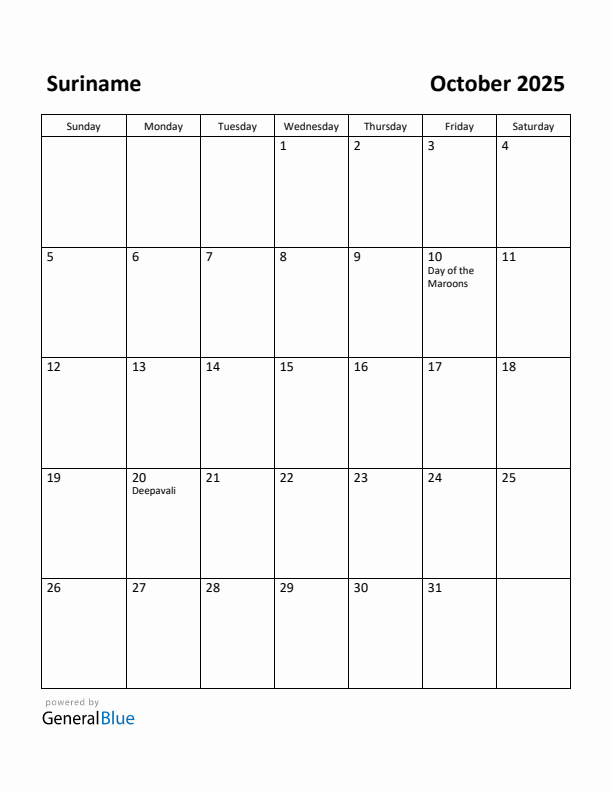 October 2025 Calendar with Suriname Holidays