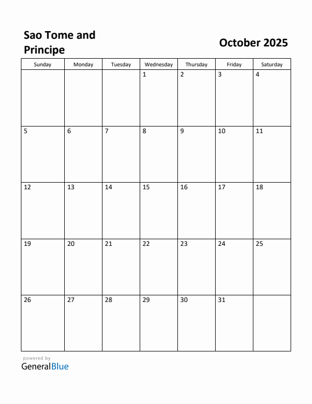 October 2025 Calendar with Sao Tome and Principe Holidays