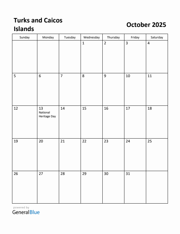 October 2025 Calendar with Turks and Caicos Islands Holidays