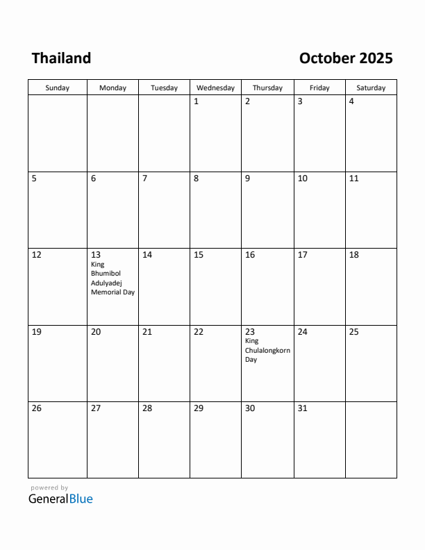 October 2025 Calendar with Thailand Holidays