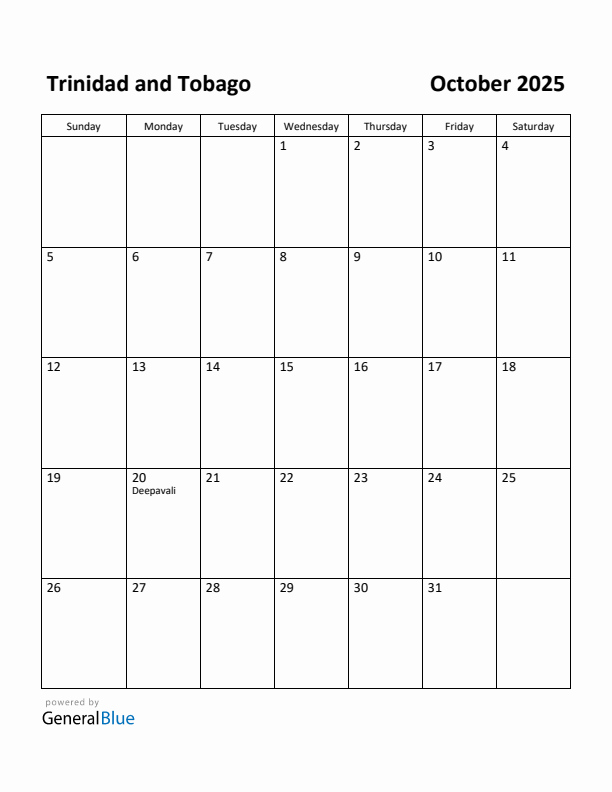 October 2025 Calendar with Trinidad and Tobago Holidays