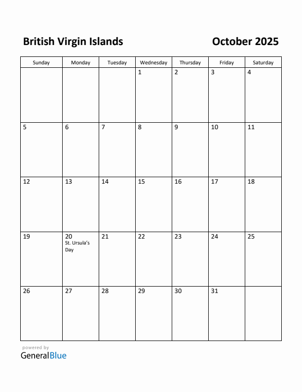 October 2025 Calendar with British Virgin Islands Holidays