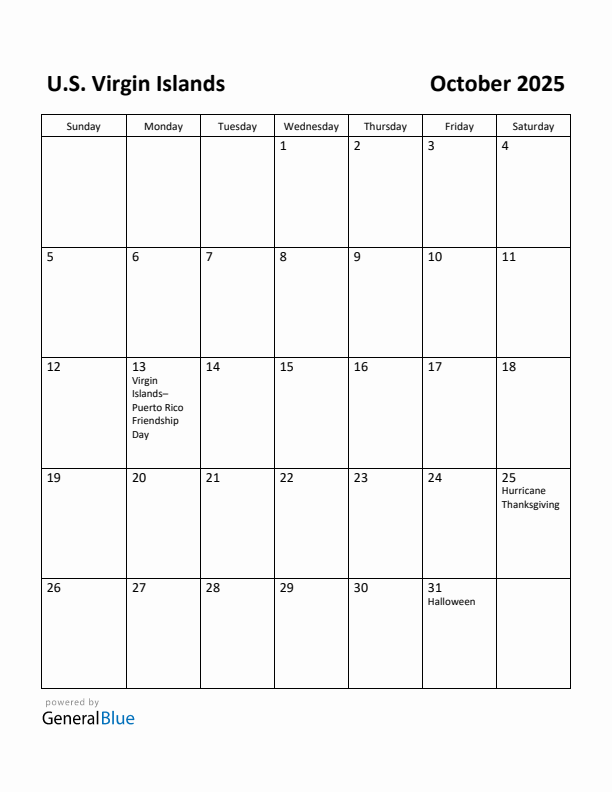 October 2025 Calendar with U.S. Virgin Islands Holidays