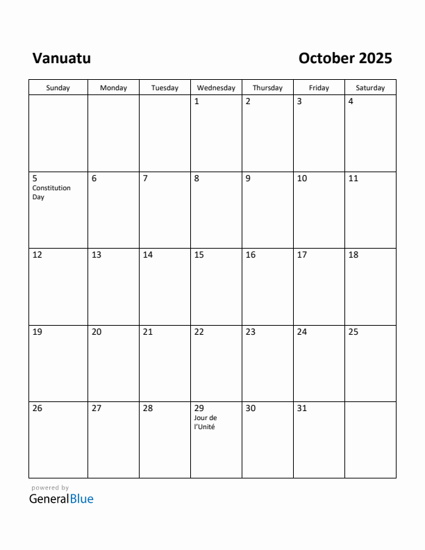 October 2025 Calendar with Vanuatu Holidays