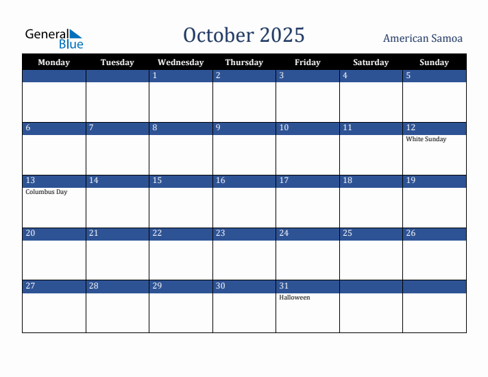 October 2025 American Samoa Calendar (Monday Start)