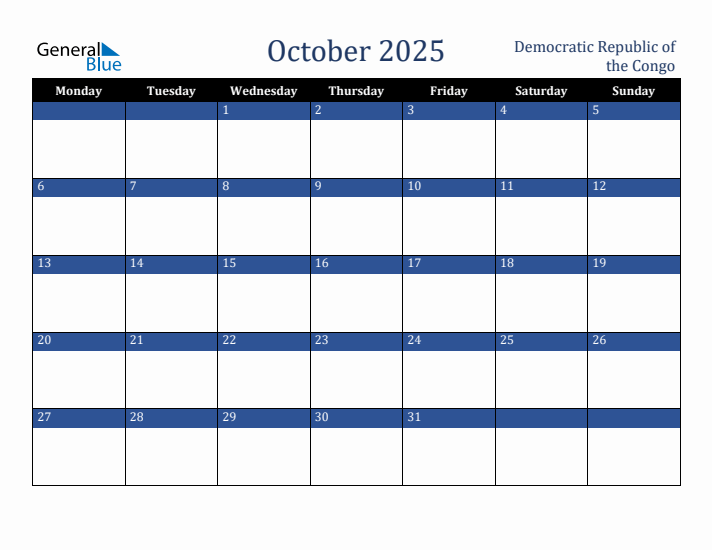 October 2025 Democratic Republic of the Congo Calendar (Monday Start)