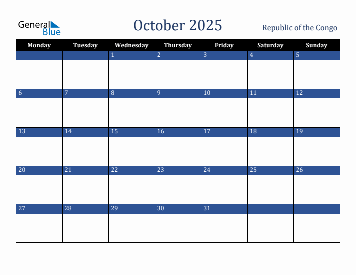 October 2025 Republic of the Congo Calendar (Monday Start)