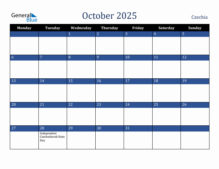 October 2025 Czechia Calendar (Monday Start)