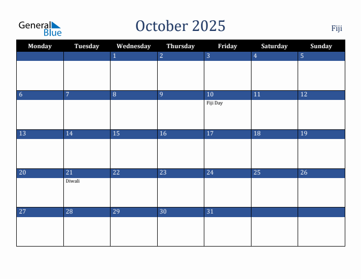 October 2025 Fiji Calendar (Monday Start)