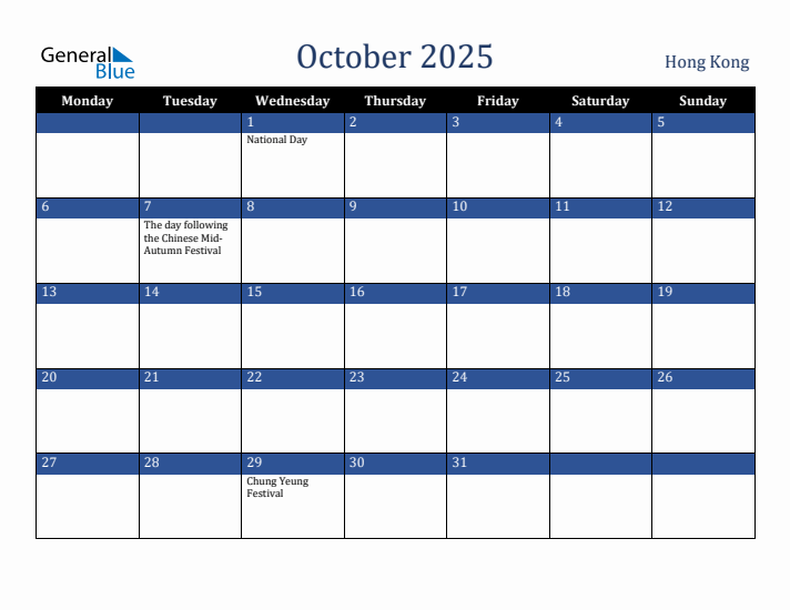 October 2025 Hong Kong Calendar (Monday Start)