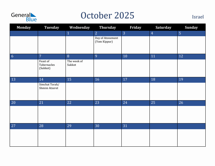 October 2025 Israel Calendar (Monday Start)