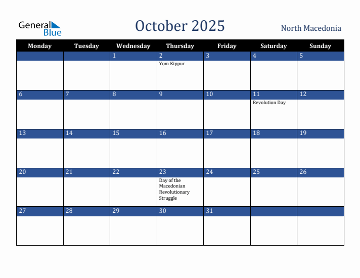 October 2025 North Macedonia Calendar (Monday Start)