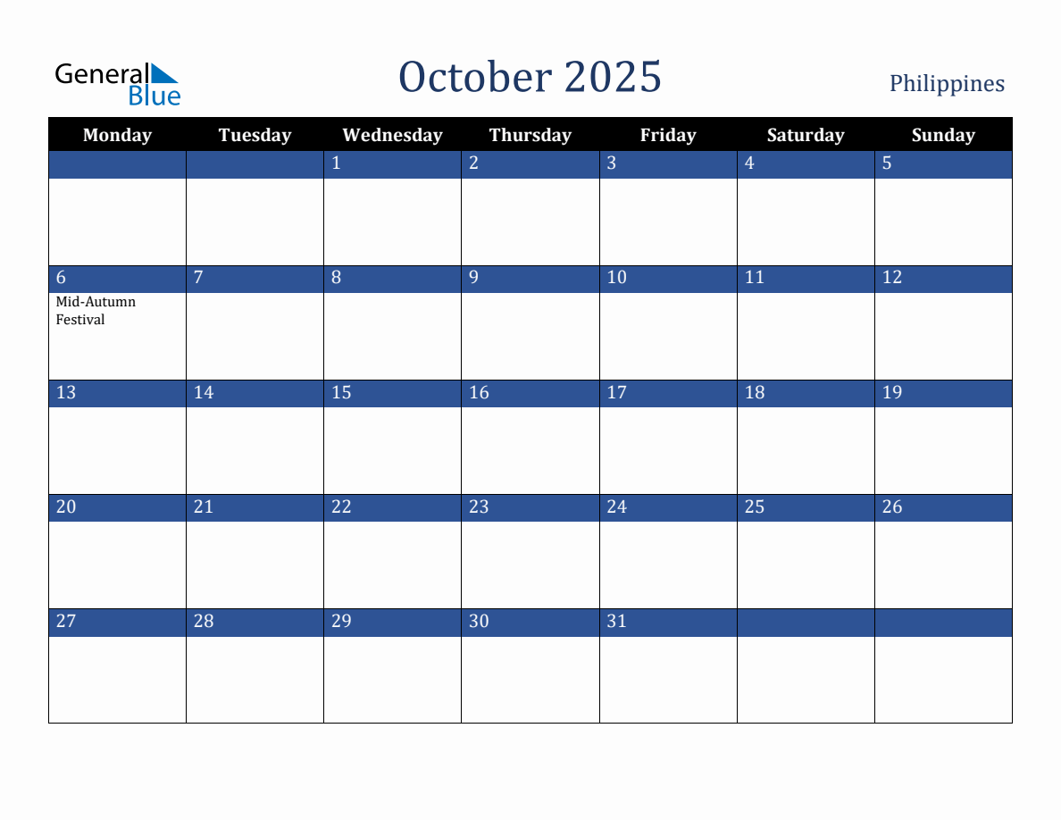 October 2025 Philippines Holiday Calendar (Monday Start)