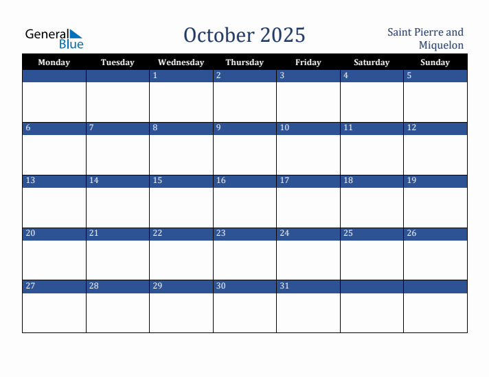 October 2025 Saint Pierre and Miquelon Calendar (Monday Start)