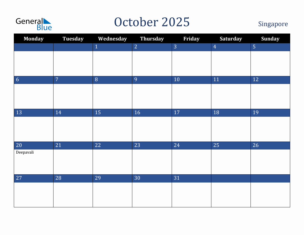 October 2025 Singapore Holiday Calendar (Monday Start)
