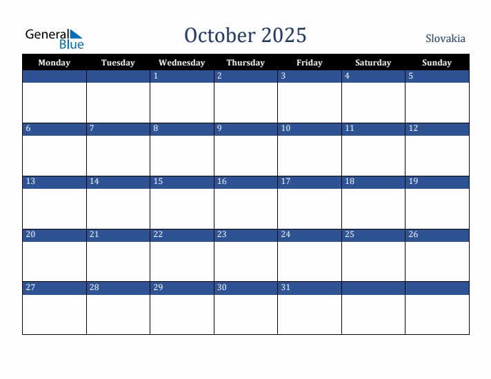 October 2025 Slovakia Calendar (Monday Start)