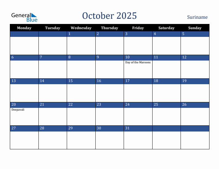 October 2025 Suriname Calendar (Monday Start)