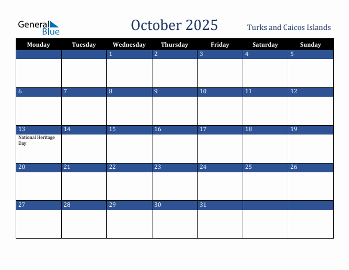 October 2025 Turks and Caicos Islands Calendar (Monday Start)