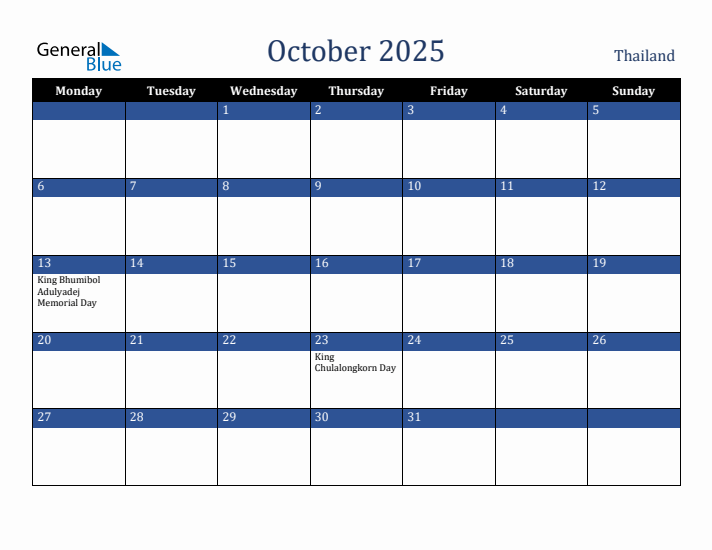 October 2025 Thailand Calendar (Monday Start)