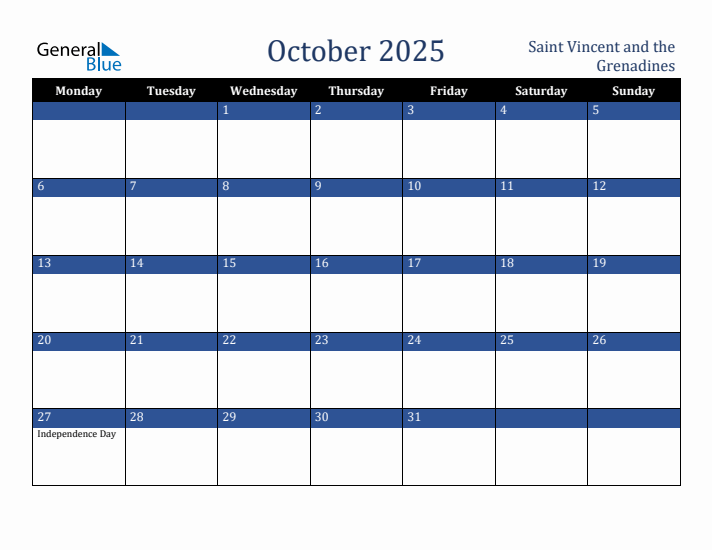 October 2025 Saint Vincent and the Grenadines Calendar (Monday Start)