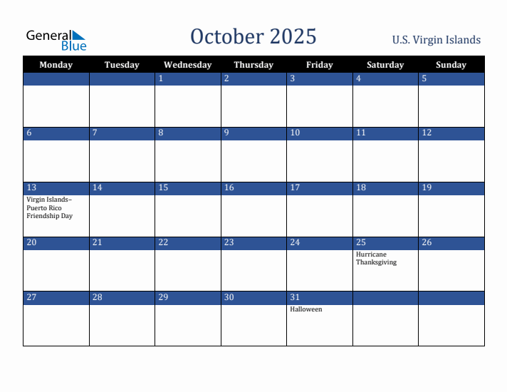October 2025 U.S. Virgin Islands Calendar (Monday Start)