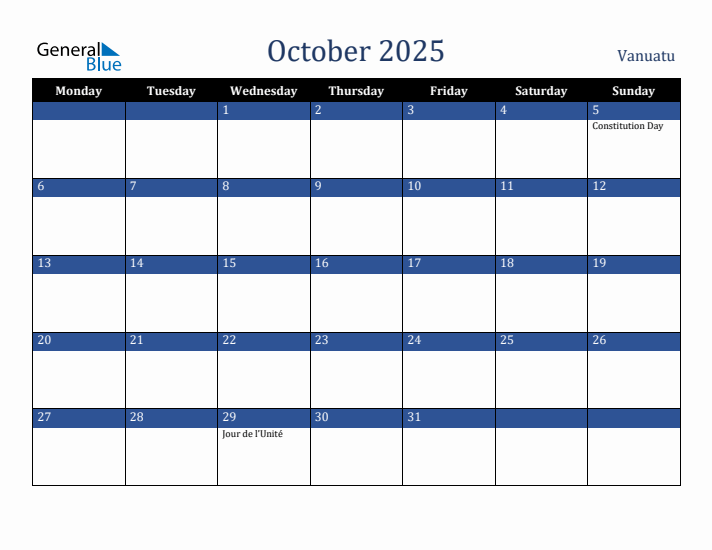 October 2025 Vanuatu Calendar (Monday Start)