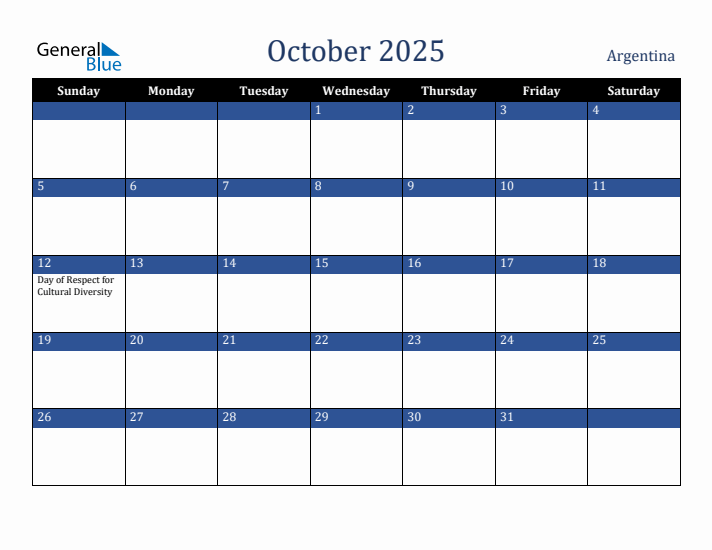 October 2025 Argentina Calendar (Sunday Start)