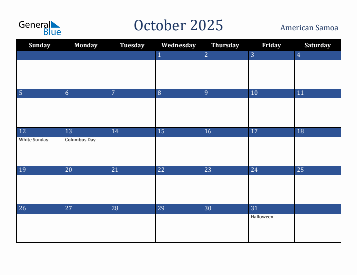 October 2025 American Samoa Calendar (Sunday Start)