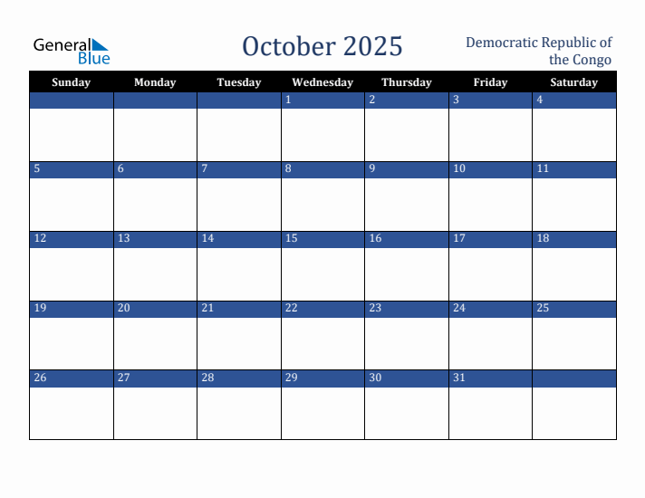 October 2025 Democratic Republic of the Congo Calendar (Sunday Start)
