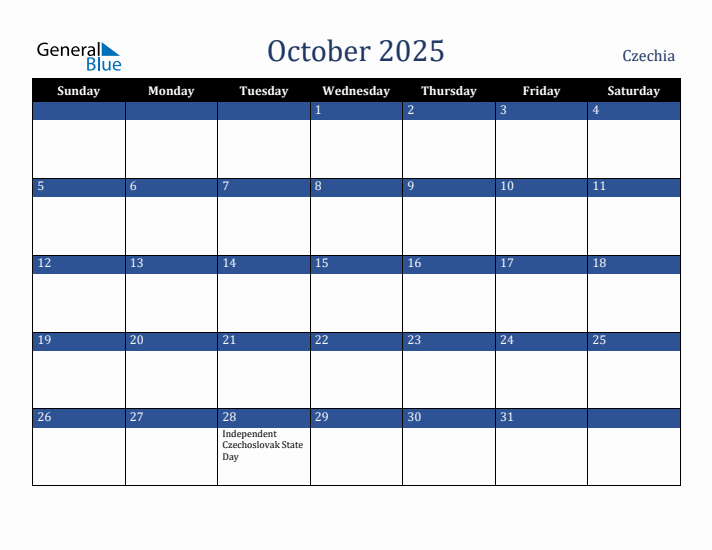 October 2025 Czechia Calendar (Sunday Start)