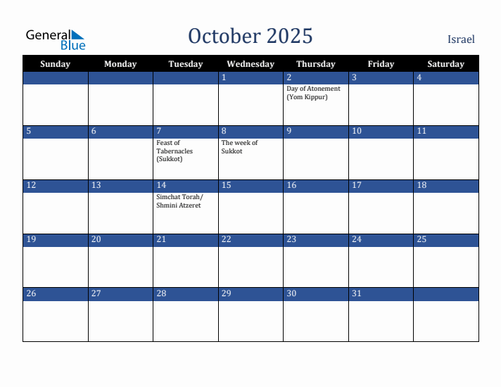 October 2025 Israel Calendar (Sunday Start)