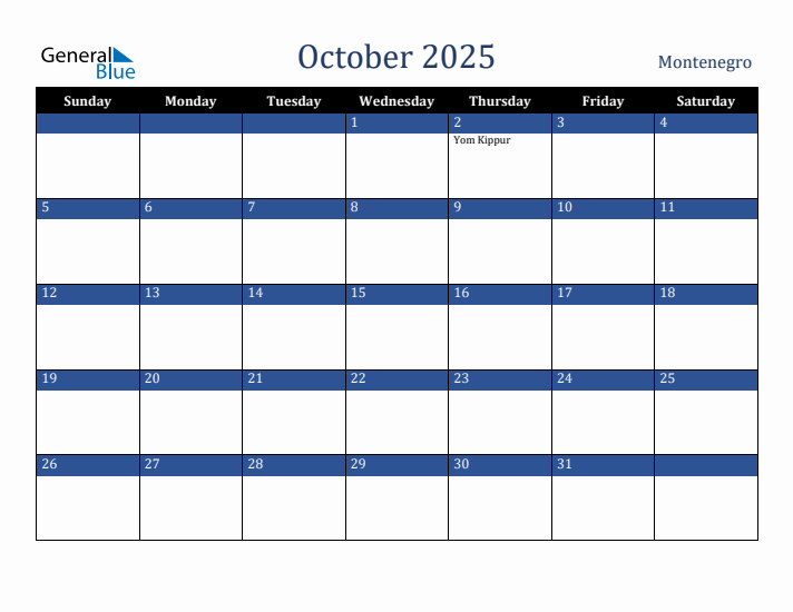 October 2025 Montenegro Calendar (Sunday Start)