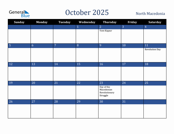 October 2025 North Macedonia Calendar (Sunday Start)