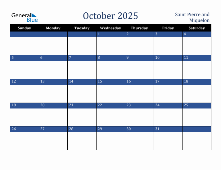 October 2025 Saint Pierre and Miquelon Calendar (Sunday Start)