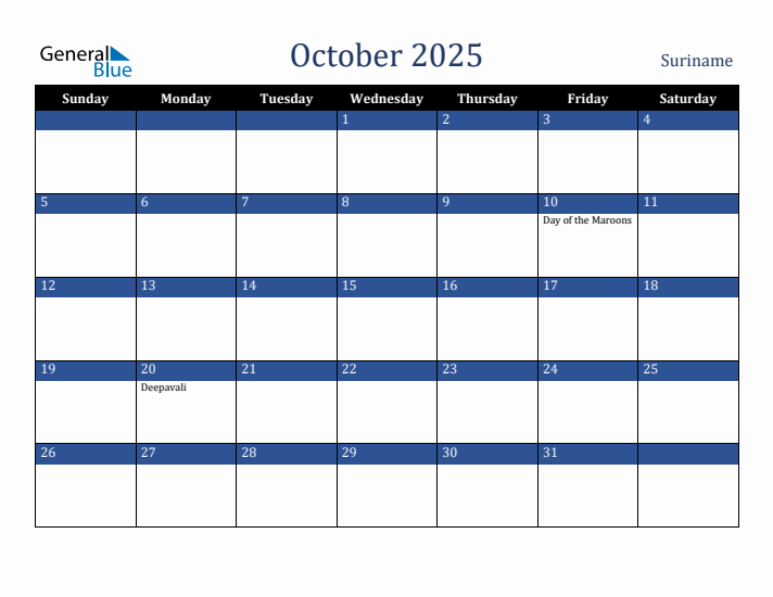 October 2025 Suriname Calendar (Sunday Start)