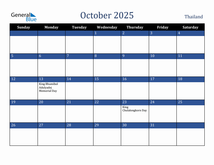 October 2025 Thailand Calendar (Sunday Start)