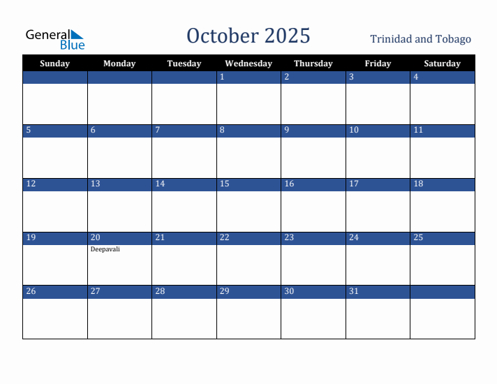October 2025 Trinidad and Tobago Calendar (Sunday Start)