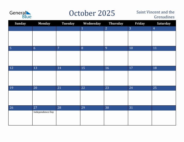 October 2025 Saint Vincent and the Grenadines Calendar (Sunday Start)