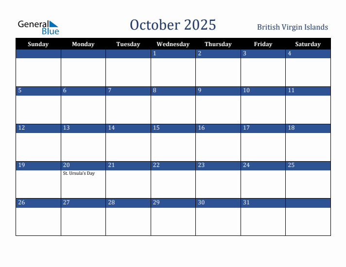 October 2025 British Virgin Islands Calendar (Sunday Start)