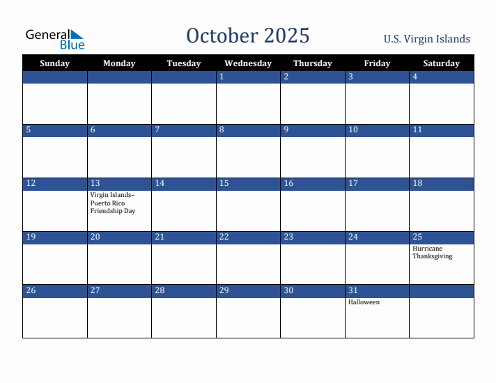 October 2025 U.S. Virgin Islands Calendar (Sunday Start)