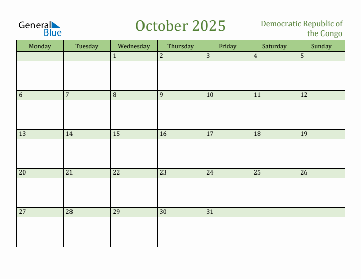 October 2025 Calendar with Democratic Republic of the Congo Holidays