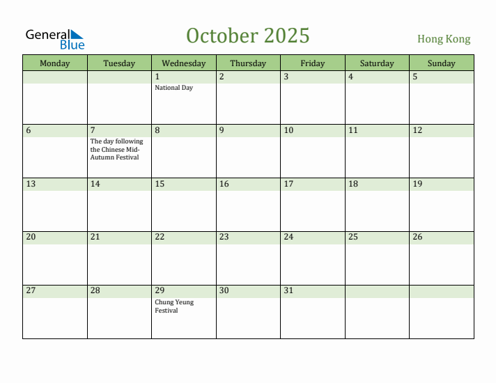 October 2025 Calendar with Hong Kong Holidays