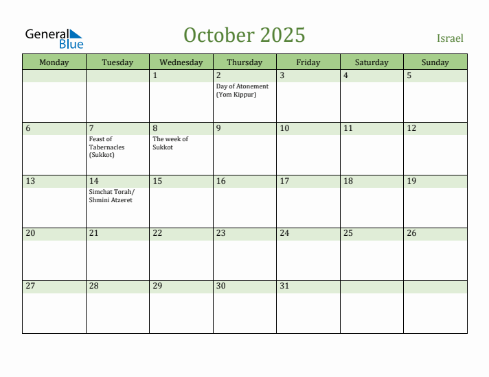 October 2025 Calendar with Israel Holidays