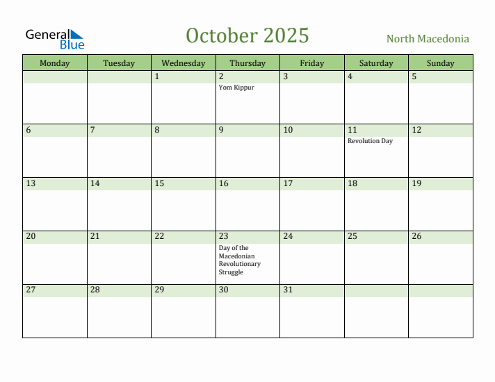 October 2025 Calendar with North Macedonia Holidays