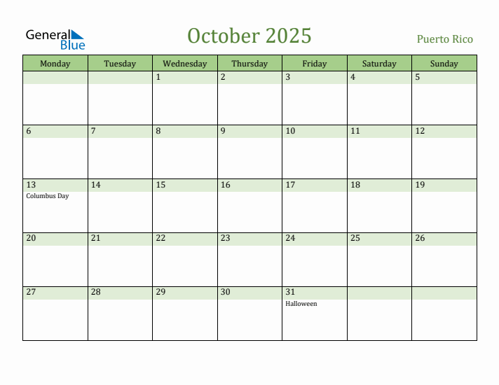 October 2025 Calendar with Puerto Rico Holidays