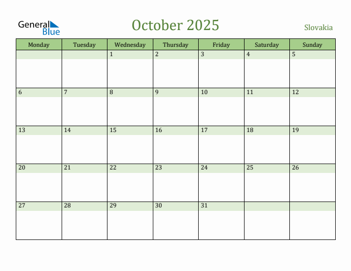 October 2025 Calendar with Slovakia Holidays