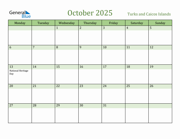 October 2025 Calendar with Turks and Caicos Islands Holidays