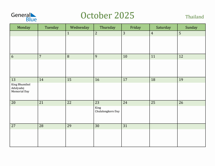 October 2025 Calendar with Thailand Holidays